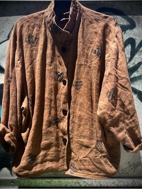 Linen Rust Brown Button-Front Boho Shirt/Jacket with Subtle Print